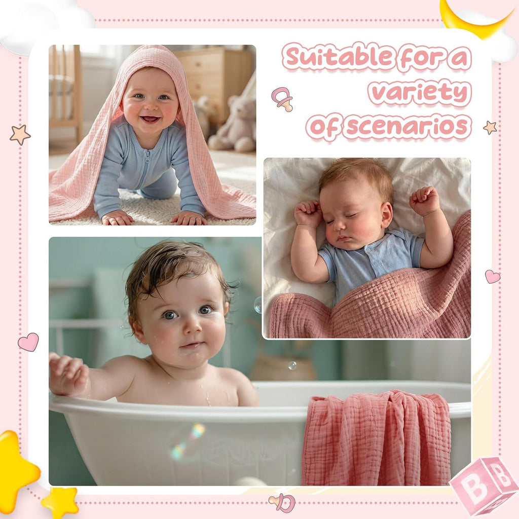 12 Pcs Muslin Hooded Baby Bath Towel Set, Pink Series