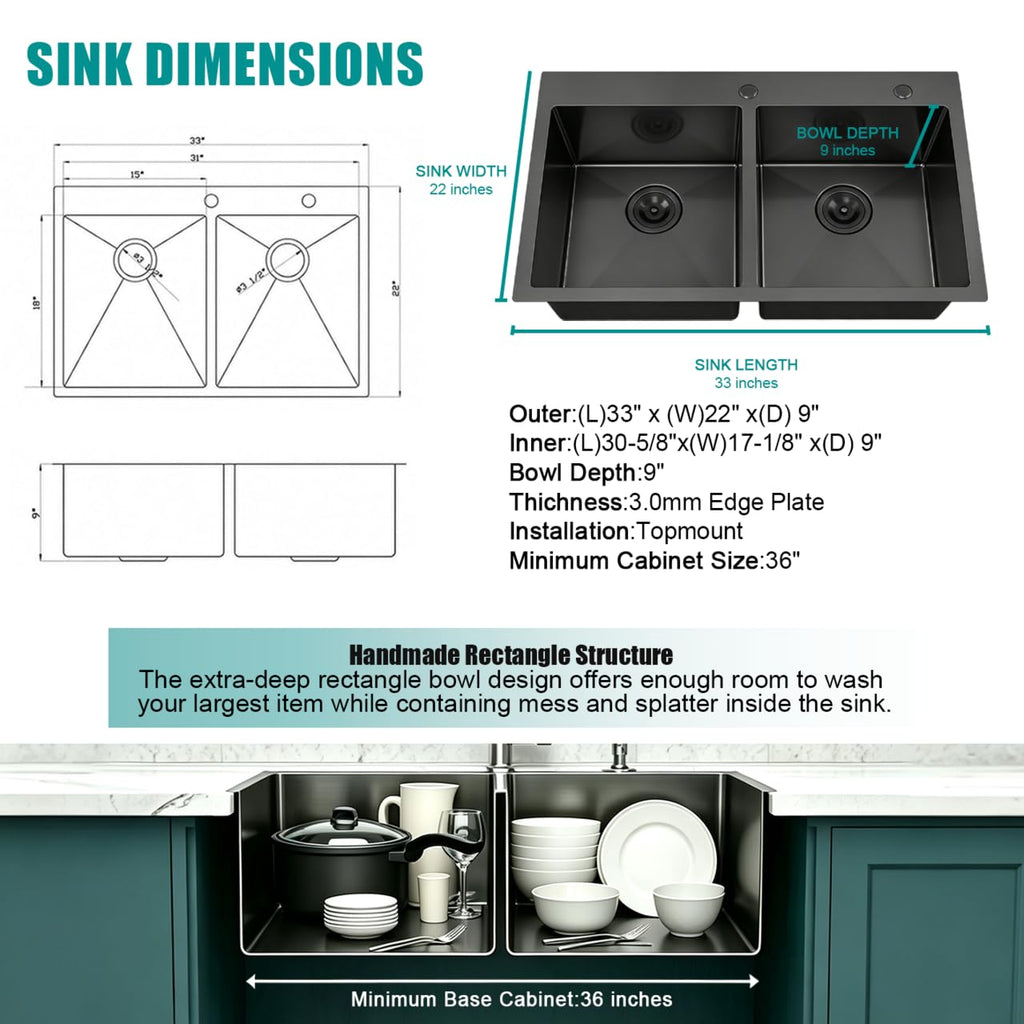 33x22 Inch 50/50 Double Bowl Black Drop In, 16 Gauge Gunmetal Stainless Steel Top Mount with Grid, Drain and