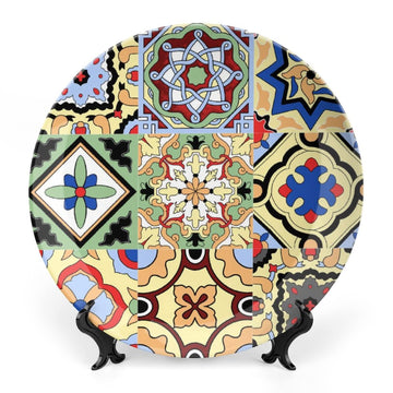 Ceramic Decorative Plates Mexican Tiles Flower Print Home Wobble-Plate with Display Stand, Moroccan Floral Porcelain