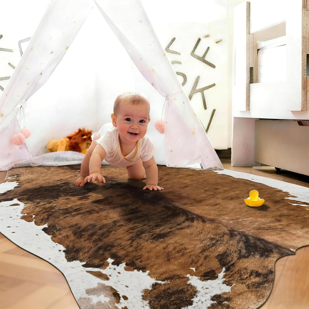 Faux Cowhide Print Rug, Brown Western Animal Cow Hide Rugs, Non Slip Cool Cow Skin Carpet Dining Room