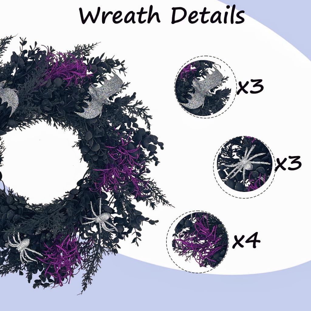 Halloween Wreath for Front Door, 20 Inch Creepy Wreath with Silver Spiders & Bats Purple Plants, Spooky Durable
