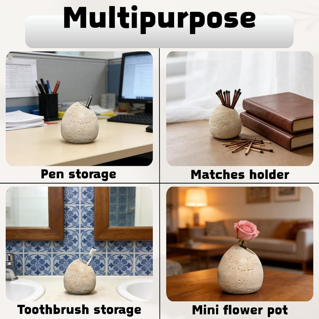 Travertine Match Holder & Extra Striker Pad 3.2in Handmade Stone Match Organizer Matches in a Jar Decorative Cute