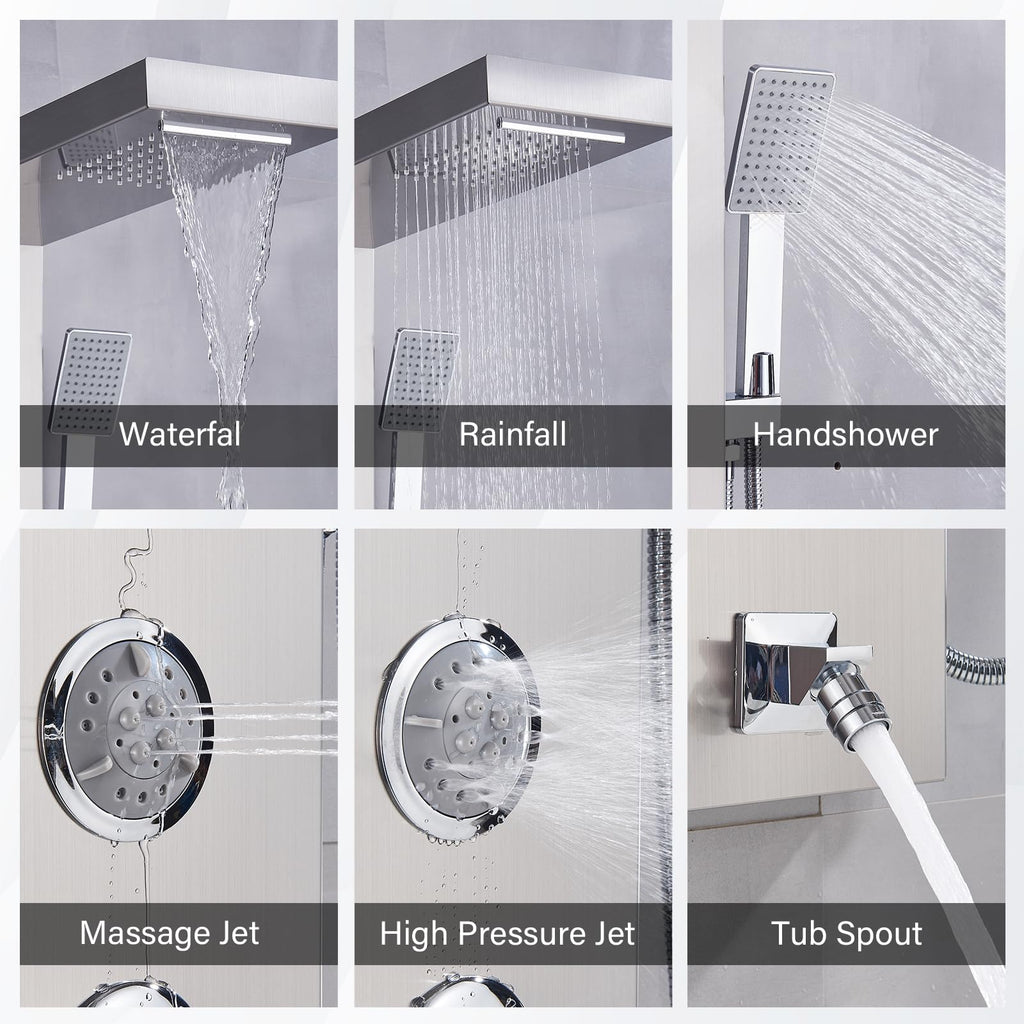 Shower Panel Massage Jets Rainfall Waterfall Shower Head, Shower Stainless Steel Wall Mount Massage Multi-Function