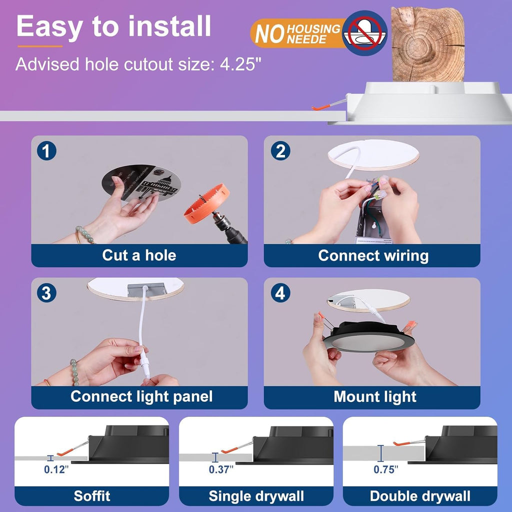 Smart Recessed Lighting 4 Inch RGBCW Color Changing 12W Black Recessed Ceiling Light with Junction Box,1080LM Canless