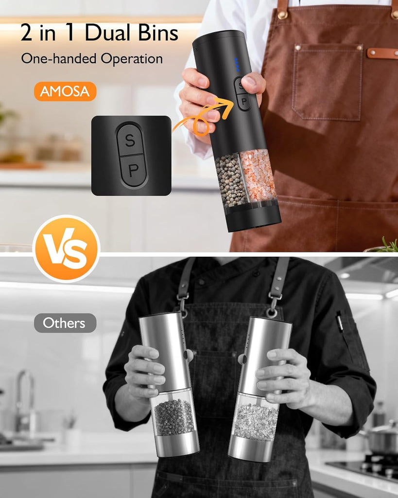Electric Salt and Pepper Grinder Set, 2 in 1 Dual Bins USB Rechargeable