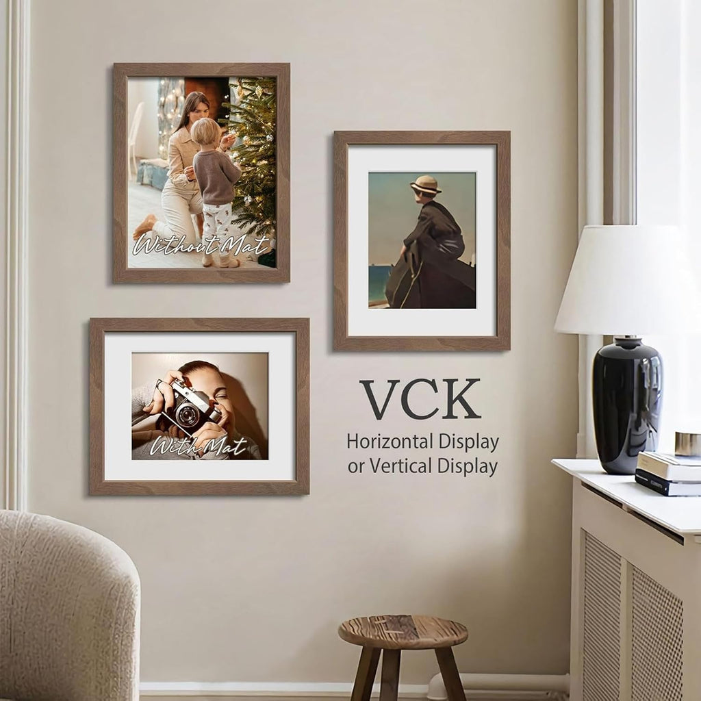 11x14 Picture Frame 5 Pack - Walnut, Tempered Glass, for Photo | 8x10 Acid-Free Mat, High-End Natural Wood Frame