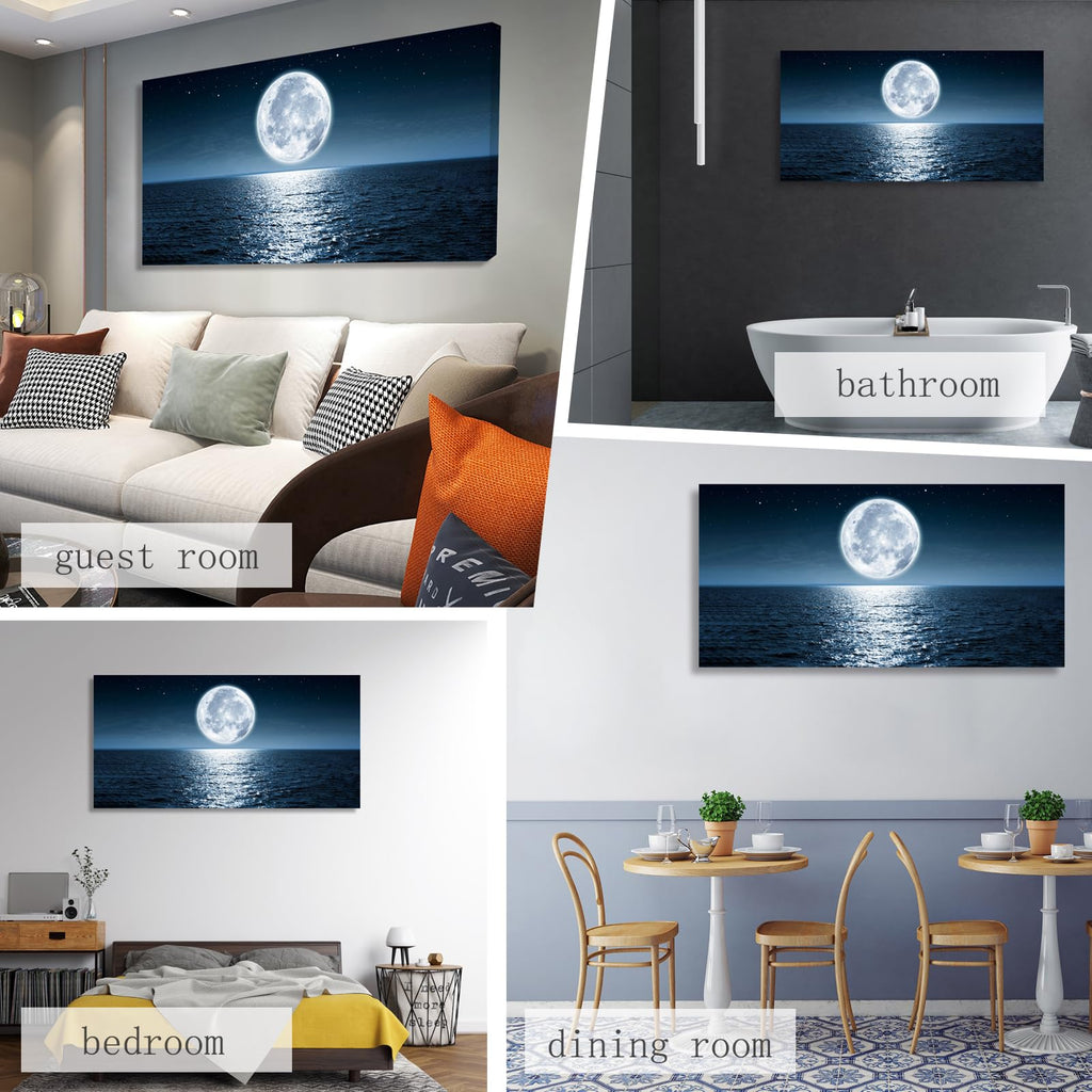 Wall Art Canvas Print Moon Sea Ocean Landscape 1 Panels Full moon Picture Painting Framed and Stretched Ready to Hang