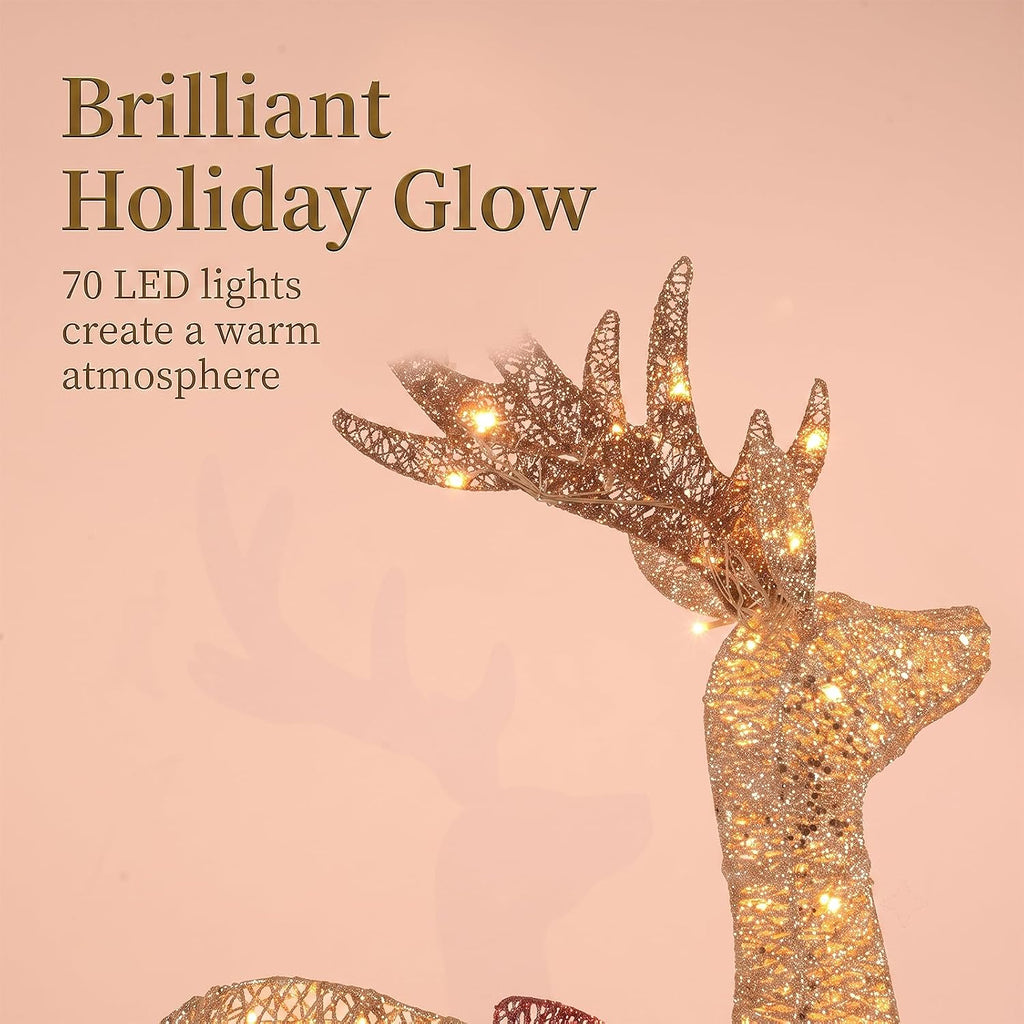 48-Inch Lighted Christmas Reindeer with 70 Warm White LED Lights, Pre-Lit Glitter Mesh Buck Deer with Gold Bells