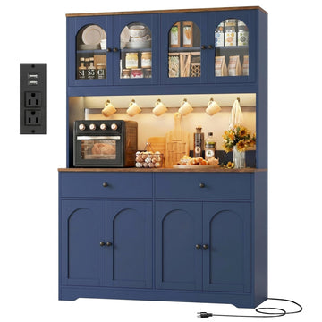 71" LED Kitchen Pantry Cabinet with Power Outlet, Tall Hutch, Blue
