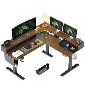 63 Inches Height Adjustable L Shaped Standing Desk with 3 Drawers and Monitor Shelf, Electric Sit to Stand Home