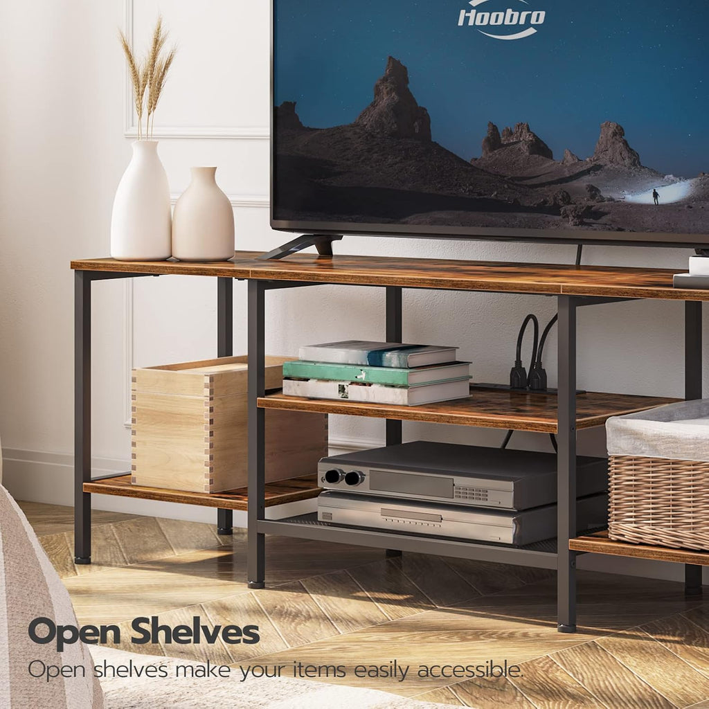 TV Stand with Power Outlets to 75 Inches, TV Console Table with Open Storage Shelves Cabinet, Industrial Media