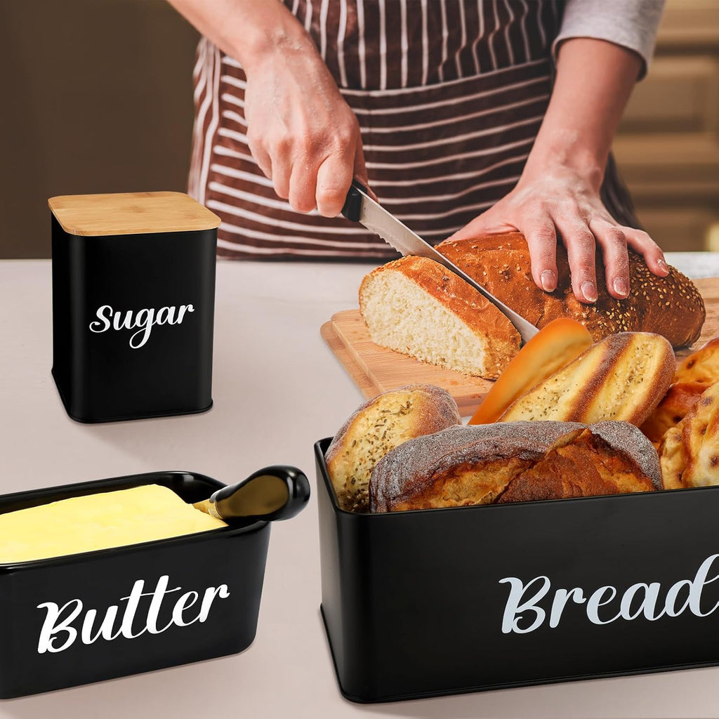 Metal Bread Box and Ceramic Butter Dish with 3 Airtight Kitchen Canisters Farmhouse Storage Canister Set with Bamboo - Set of 5