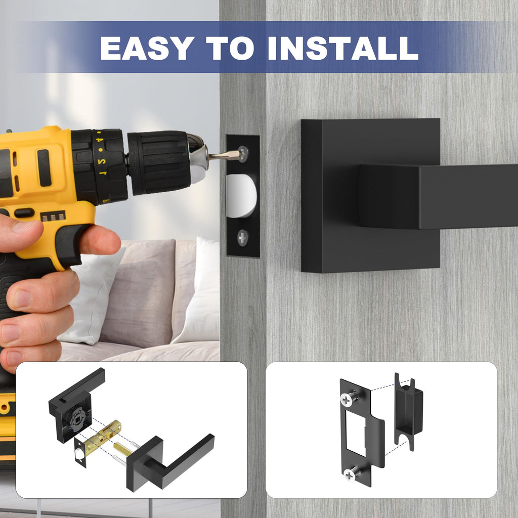 Passage Door Lever, 8 Pack Matte Black Interior Door Handles and Closet, Heavy Duty Square Interior Keyless Door