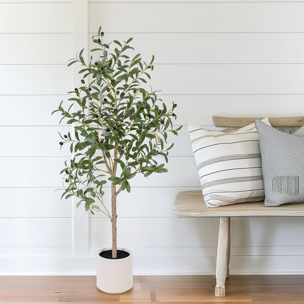 Olive Tree Artificial Indoor, 4ft Tall Silk Faux Olive Tree with White Planter, Artificial Plants with Natural Wood