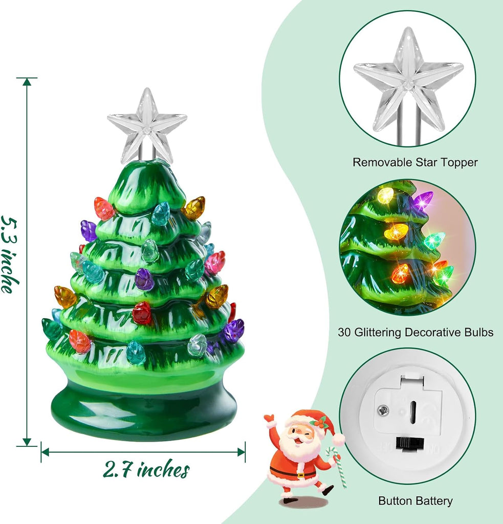5 Inch Mini Ceramic Christmas Tree Set - 4 Pack Pre-lit Tabletop Christmas Tree with Multicolored LED Light, Battery