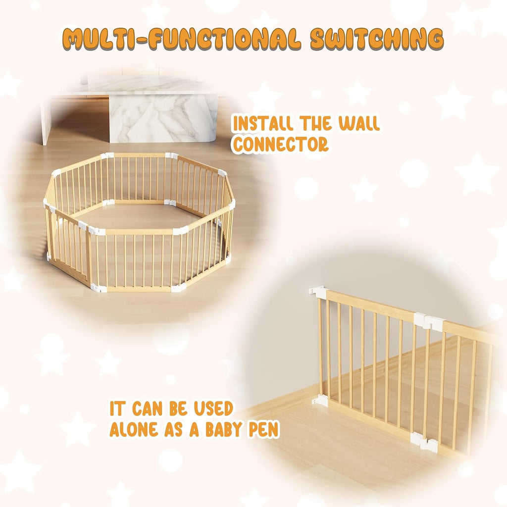 Baby Playpen, Playpen for Babies and Toddlers, Foldable Wooden Play Yard with Wall connectors, Adjustable Baby