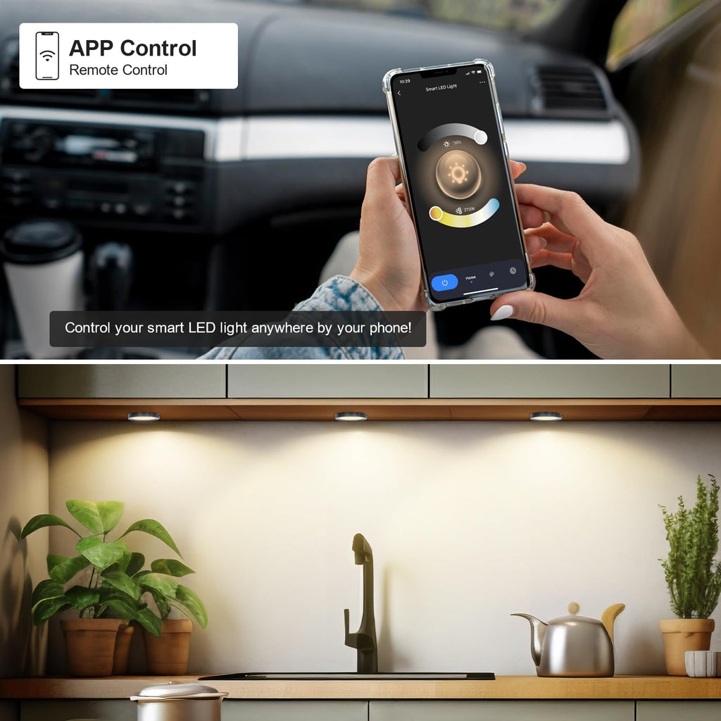 6pack LED Puck Light Kit, 2700-6000K Smart Round Under Cabinet Lighting with APP Control, Compatible with Alexa