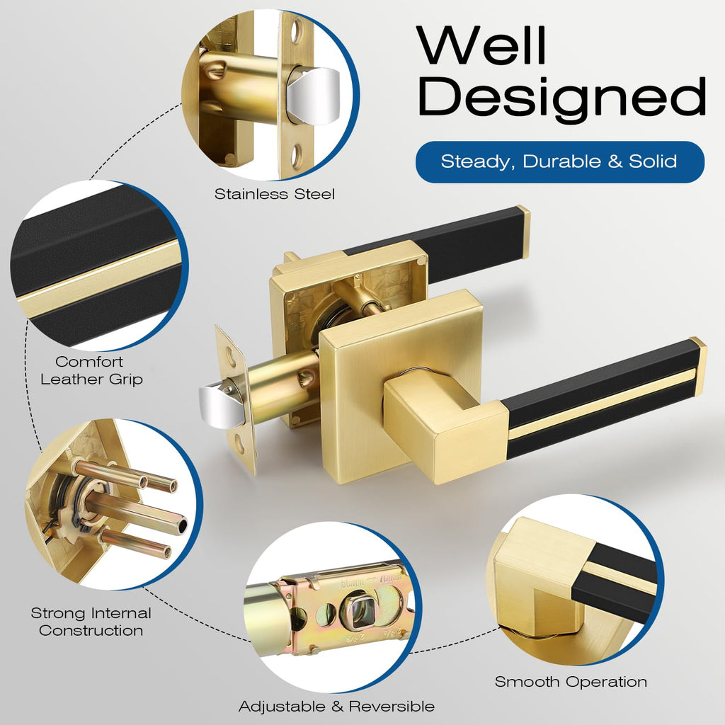 4 Pack Gold Door Handle with Black Leather, Passage Door Lever