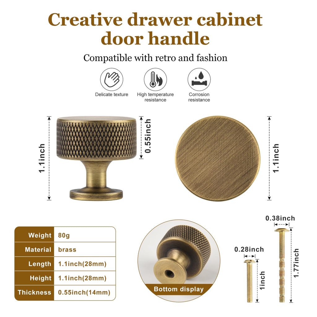 1.1" Knurled Solid Brass Cabinet Knobs, Antique Brass 5-Pack