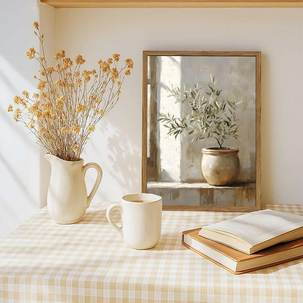Framed Vintage Olive Tree Canvas Wall Art, Rustic Botanical Pictures Wall Decor, Neutral Potted Plant Paintings