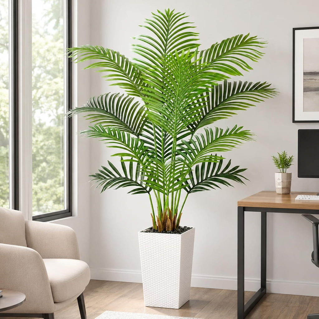 5FT Tall Artificial Palm Trees White Planter,Fake Silk Tropical Tree with 9 Lush Leaves,Realistic Faux Floor Plant
