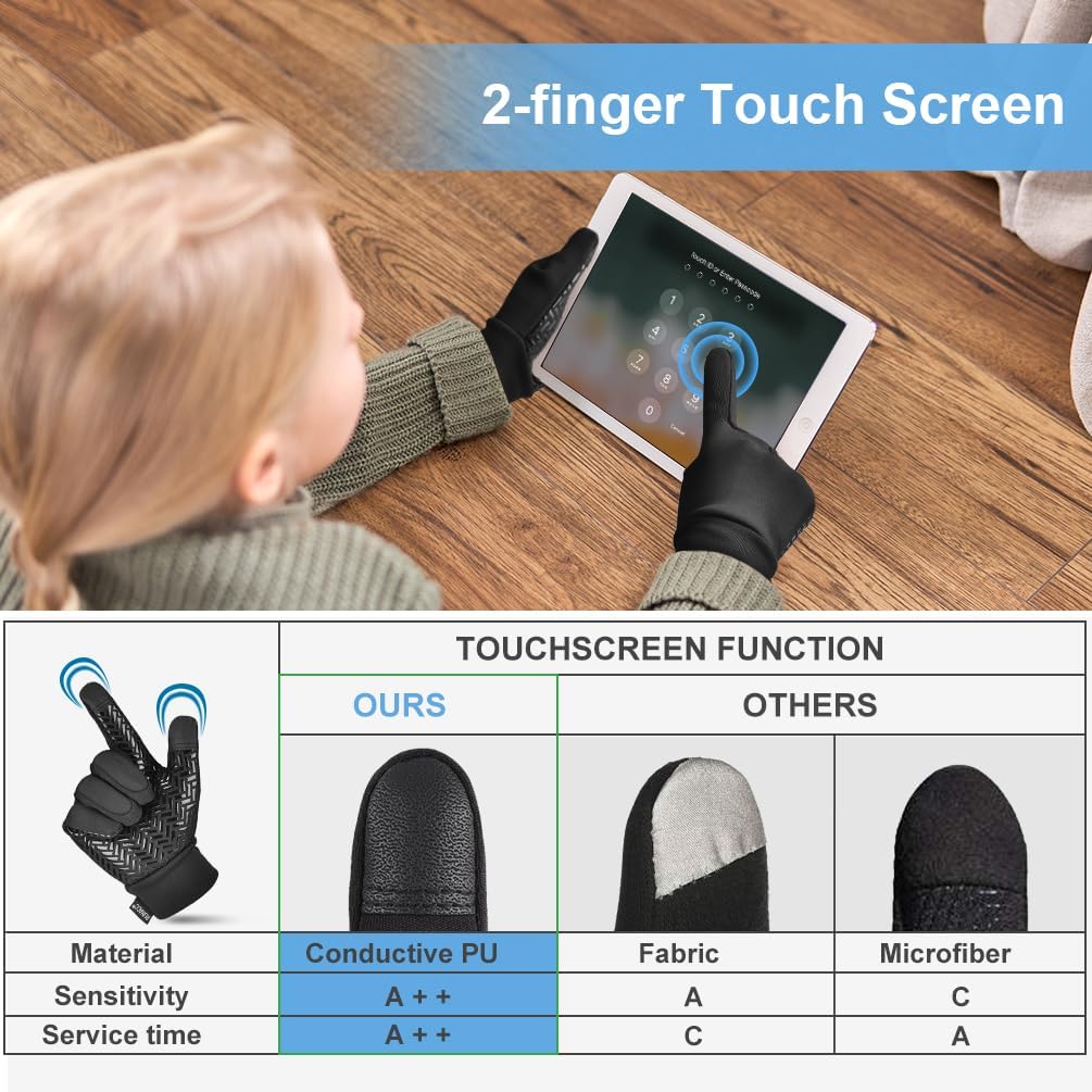 Kids Winter Touch Screen Gloves - Cold Weather Windproof Waterproof Fleece Warm Gloves Anti-Slip Cycling Mittens
