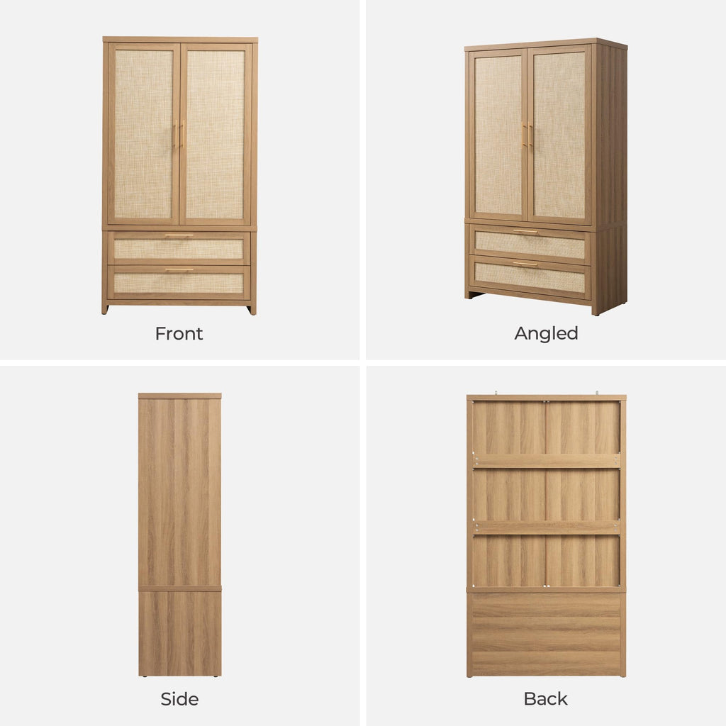 71 inch Armoire Wardrobe Closet, Rattan Boho Wardrobe with Drawers