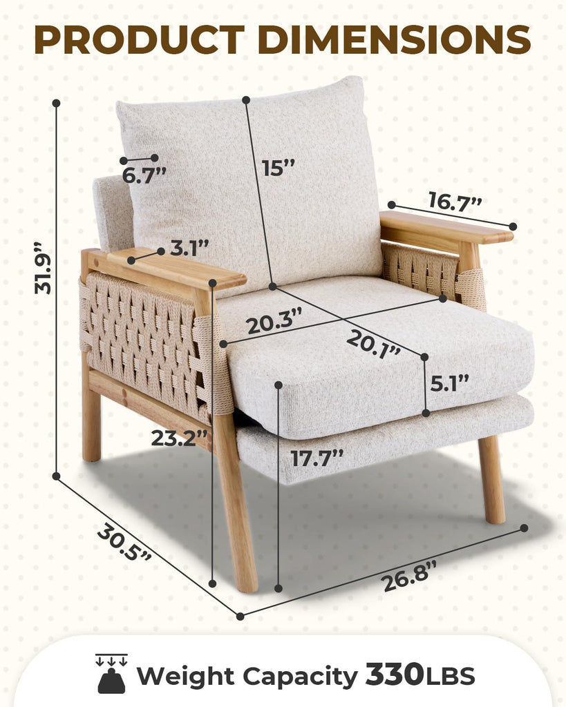 Mid-Century Modern Accent Chair, Woven Rope Arms, Beige