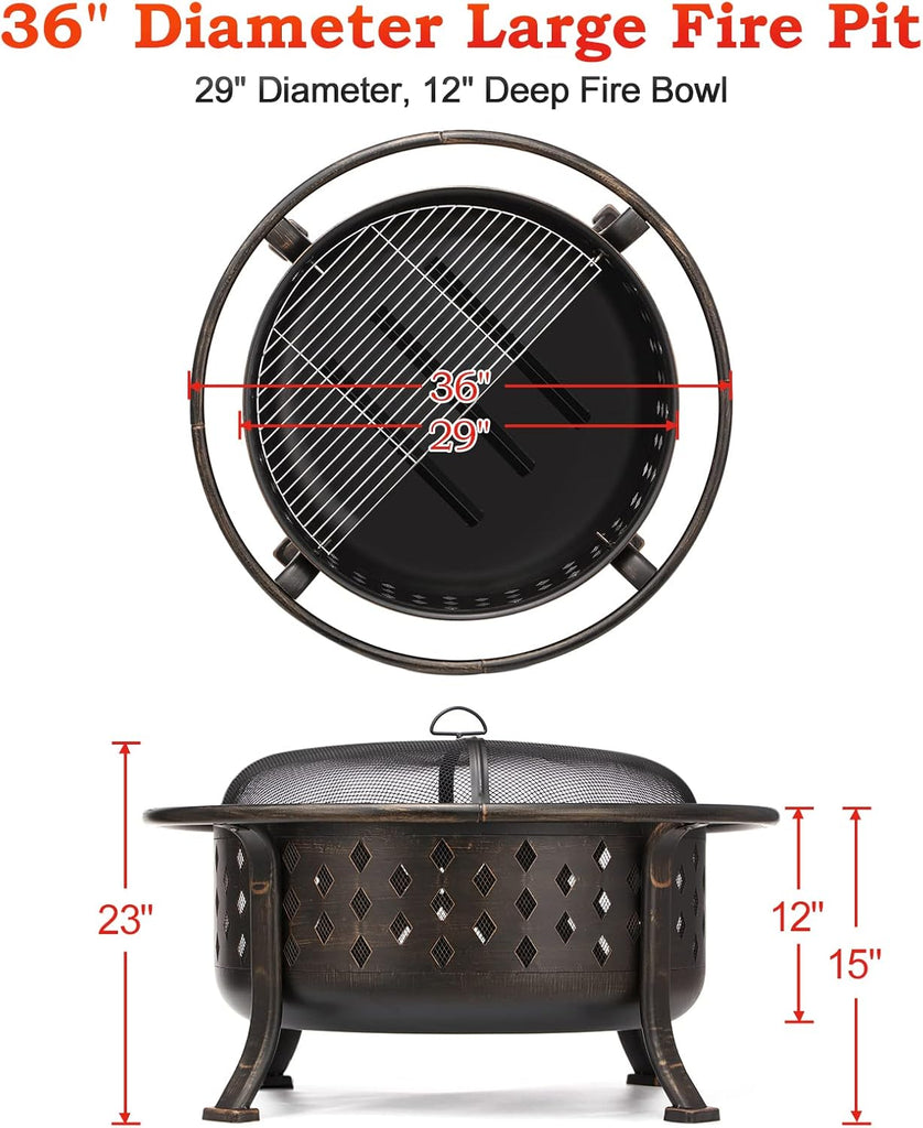 36 Inch Fire Pits for Outside Large Outdoor Wood Burning Crossweave firepit Heavy Duty Steel Bronze Bonfire Pit for Patio Backyard Garden with BBQ - Image 6
