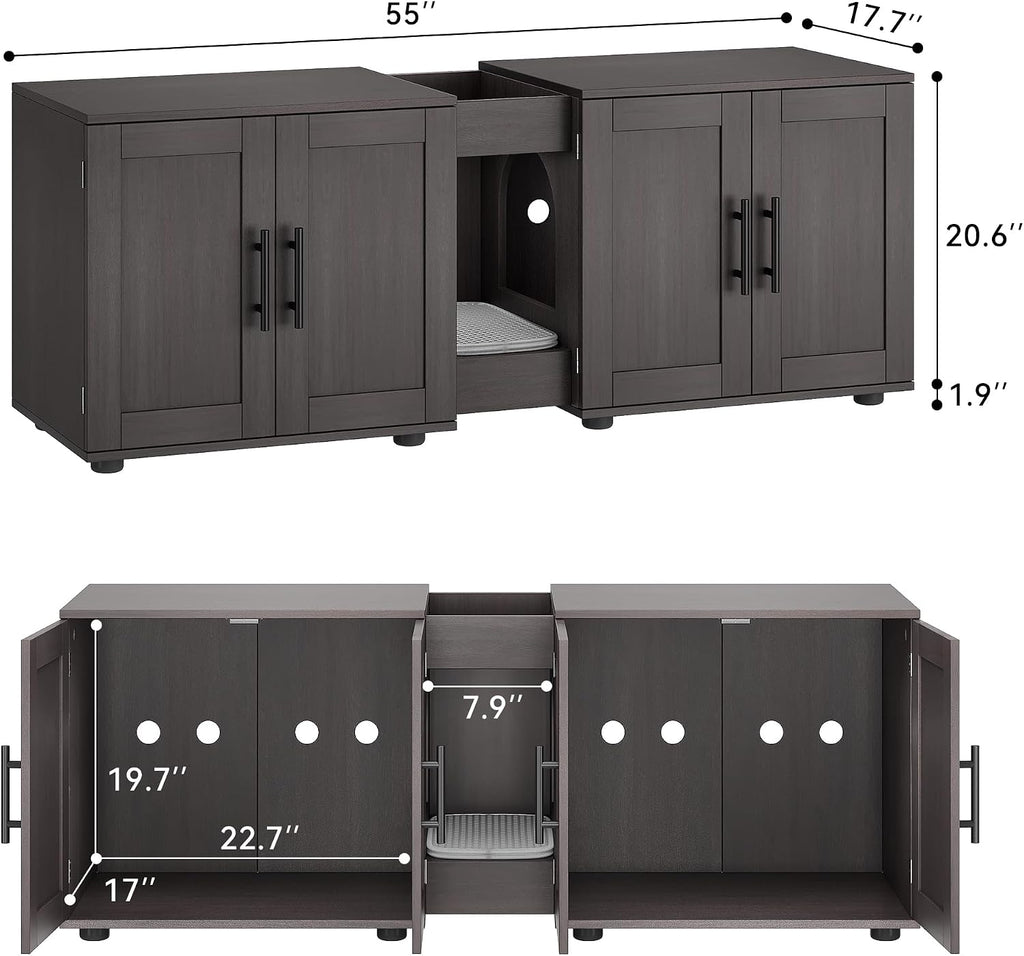 Cat Litter Box Enclosure with Double Room, Walnut