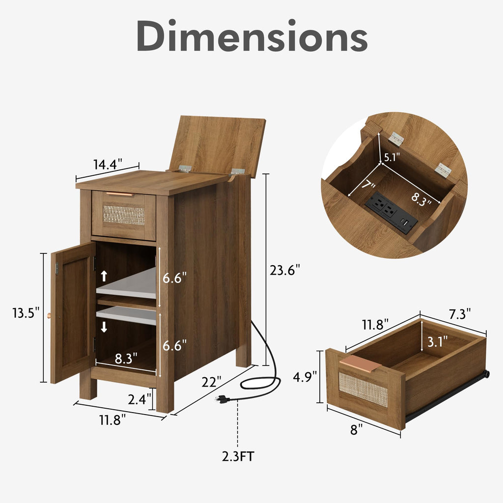 Narrow with Charging Station - Midcentury Rattan Slim Side Table with USB Ports and Power Outlets, Nightstand with