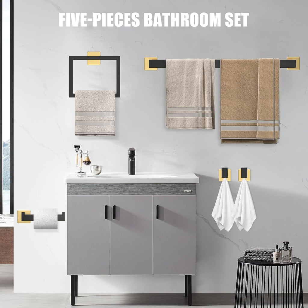 5 Piece Black and Gold Towel Bar Set - Gold and Black Bathroom Accessories with 2 Towel Hook, Stainless Steel Wall
