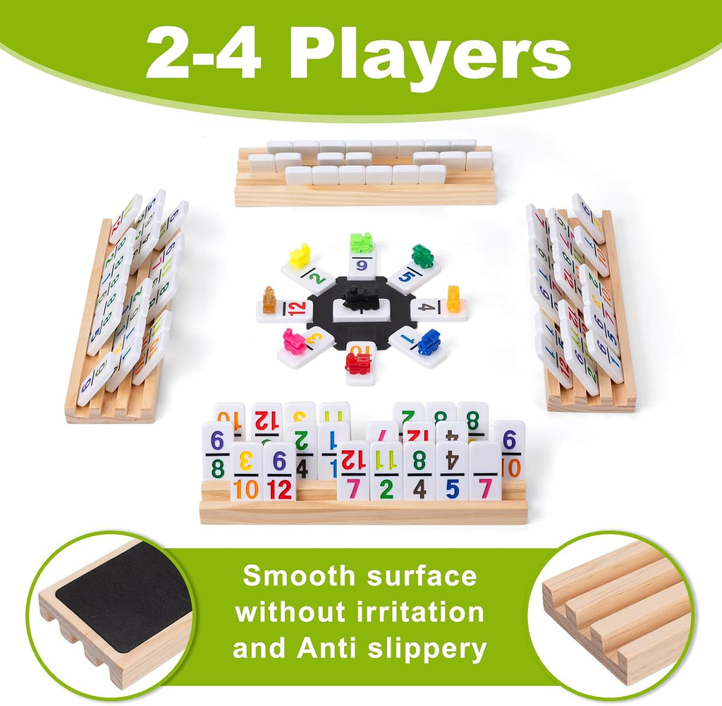 Mexican Train Dominoes Set with 4 Wooden Trays - Double 12 Dominoes Game with 91 Number Tiles, Portable Carrying Case