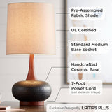 Andi Mid Century Modern Table Lamp 24.5" High Hammered Bronze Ceramic Wood Off White Tall Drum Shade Bedroom House