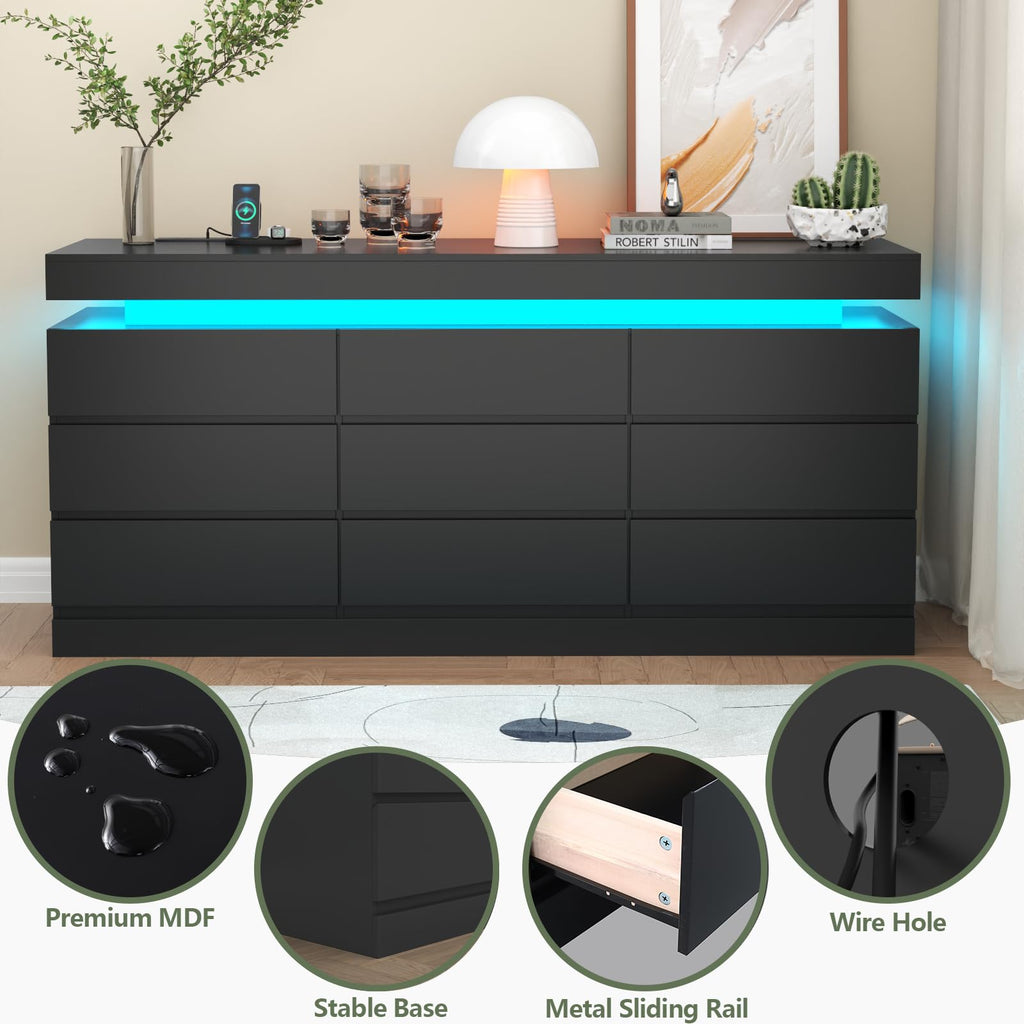 9 Drawer Dresser with Power Outlet, Modern Dresser with LED Light