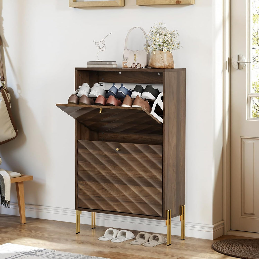 LifeSky 23.6 Inch Shoe Cabinet Storage Furniture: Mid-Century Modern Freestanding Organizer with Adjustable Shelves &