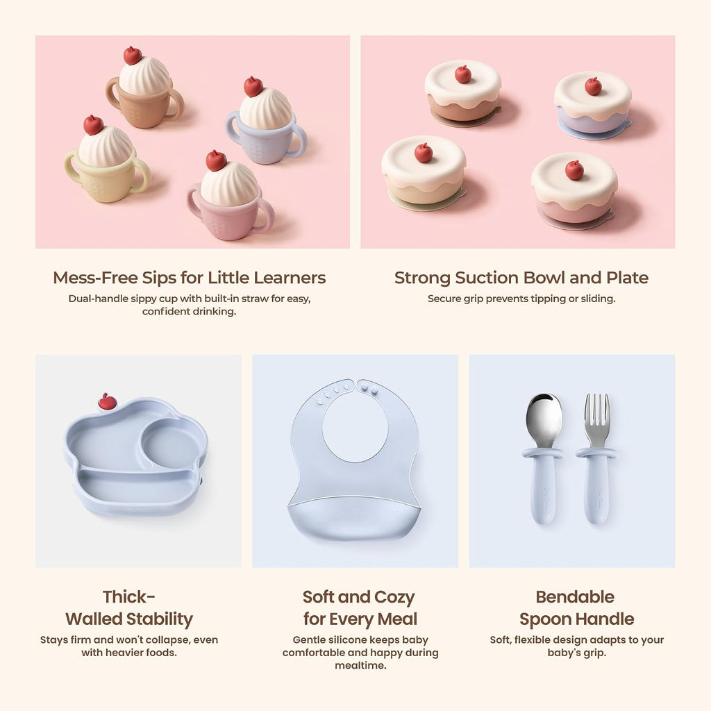 Feeding Set, Gelato Collection Baby Led Weaning Supplies, First Self-Feeding Ice Cream Set, Silicone Suction Bowl