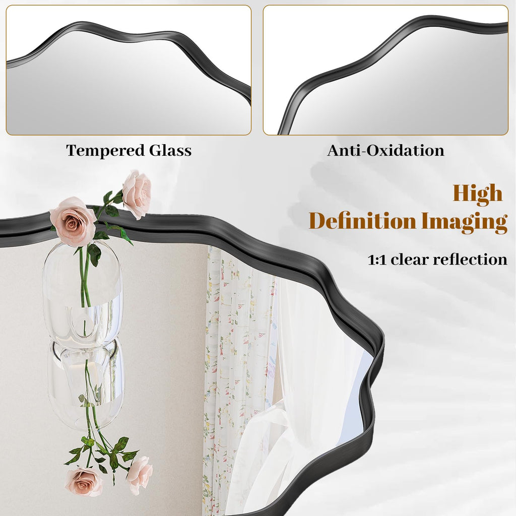 Wavy Round Mirror, 30" Scalloped Metal Frame Black Circle Mirror