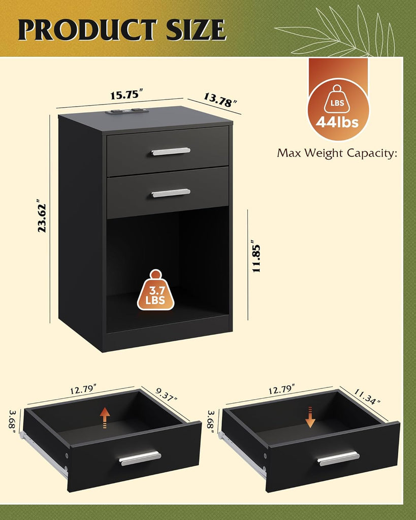 Nightstand Set of 2 with Charging Station, Wood Night Stand Sets with 2 Drawers and Open Shelf, Bed Side Tables