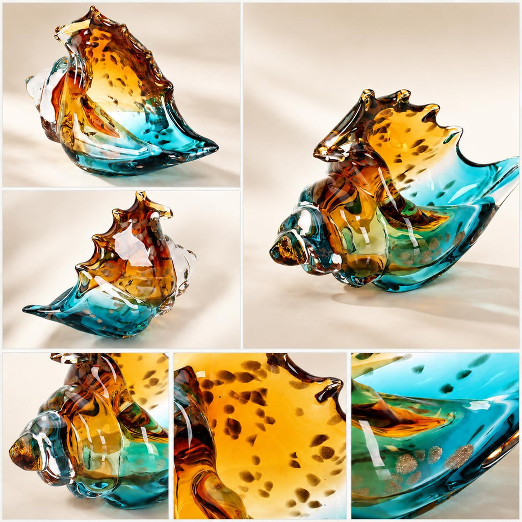 Sea Glass Art Figurines Hand Blown Conch Shell Sculpture, Coastal Art Decor