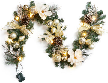 6ft Christmas Garland with Lights, Prelit Outdoor Christmas Garland with Timer 20 LED Lights Pine Cones Gold Ball