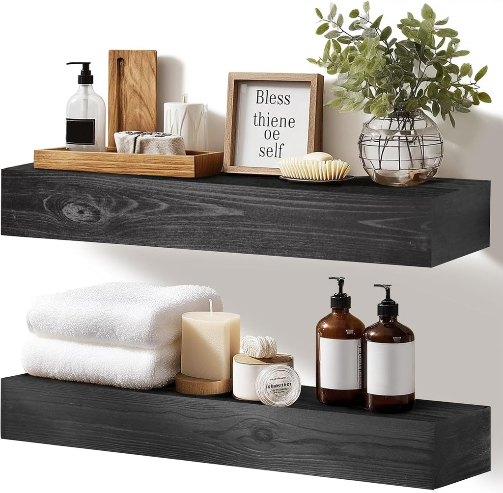 Floating Shelves, 17 x 7 Inch Fireplace Mantel, Set of 2, Black | Rustic Finish, Mounting Hardware Included, Easy