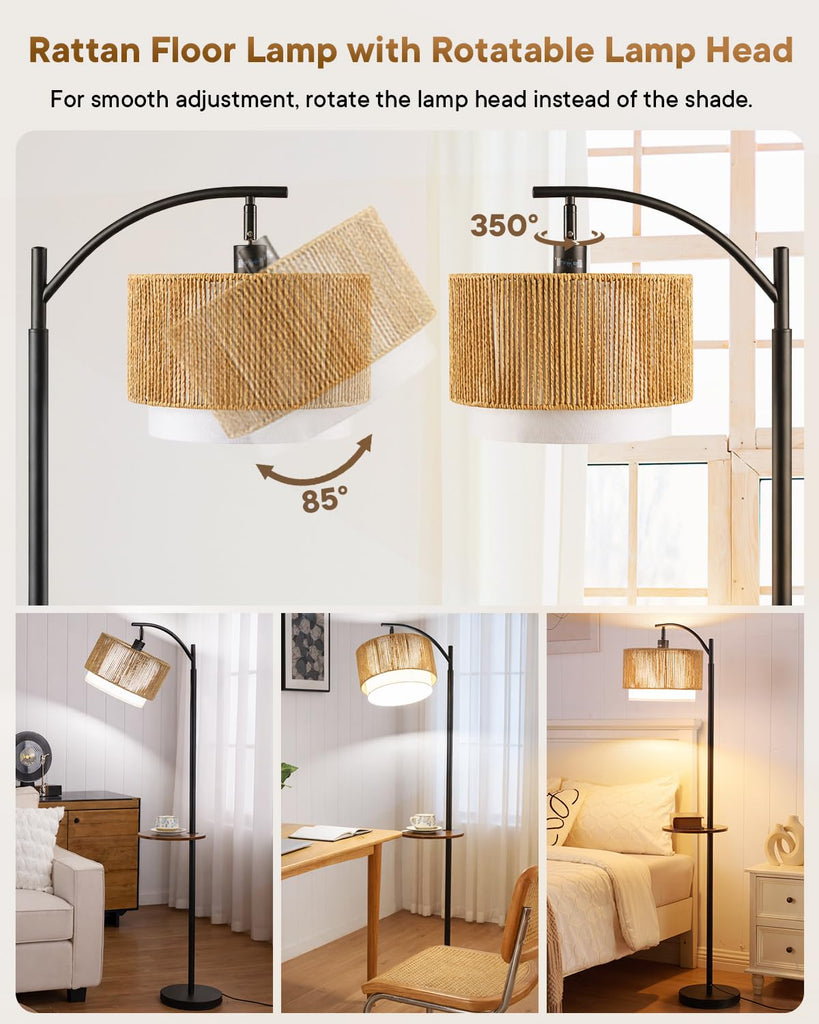Rattan Floor Lamp, Farmhouse Arc Standing Lamp