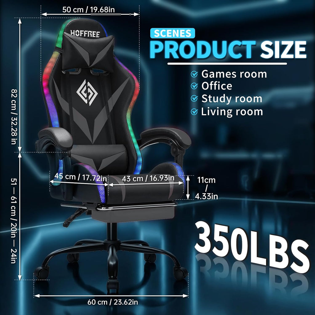 Gaming Chair with Bluetooth Speakers RGB LED Lights Computer Chair-Grey | Ergonomic Massage Game Chair with Footrest