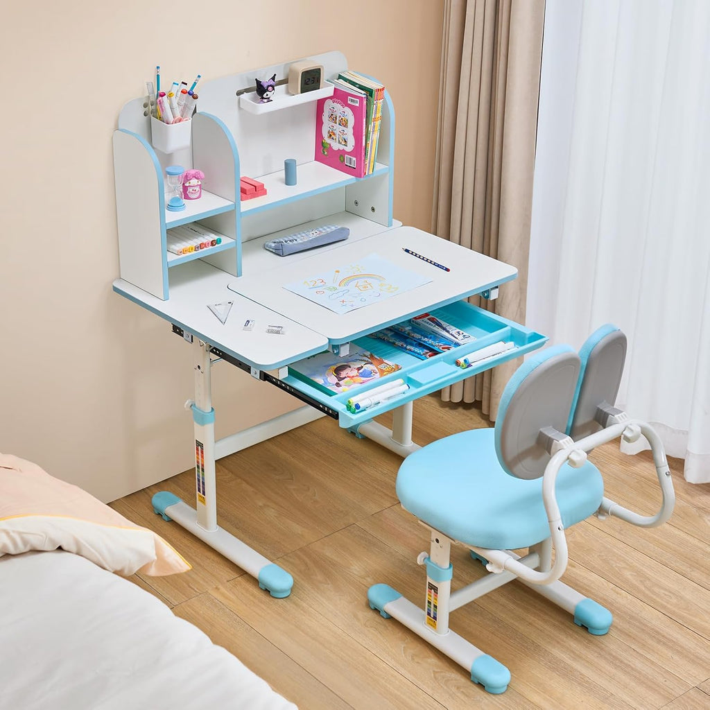 Kids Study Chair and Desk Set, Study Desk and Chair for Kids with Bookshelf & Storage Drawer, Adjustable Height &