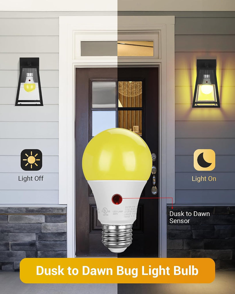 Dusk to Dawn A19 LED Bug Light Bulbs, 2000K Amber E26