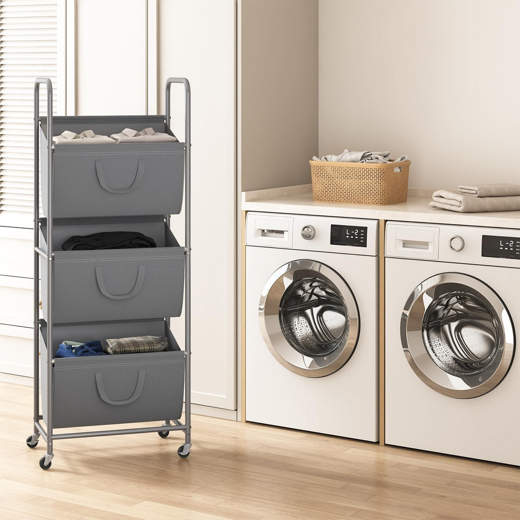 3-Tier Vertical Rolling Laundry Hamper with Wheels & Removable Bags