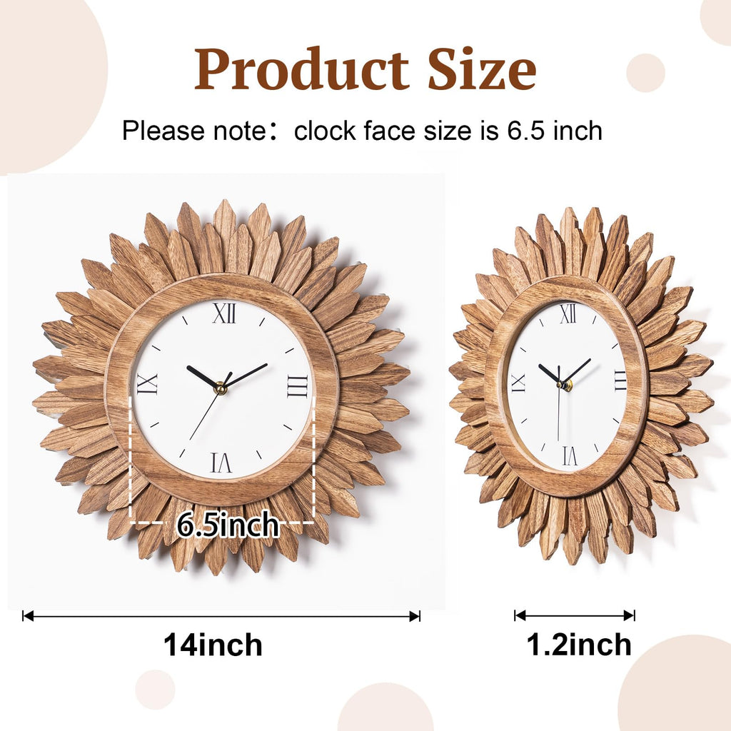 14 Inch Wall Clock Battery Operated Silent Non Ticking Rustic Wood Boho Sunburst Decorative Wall Clocks Kitchen