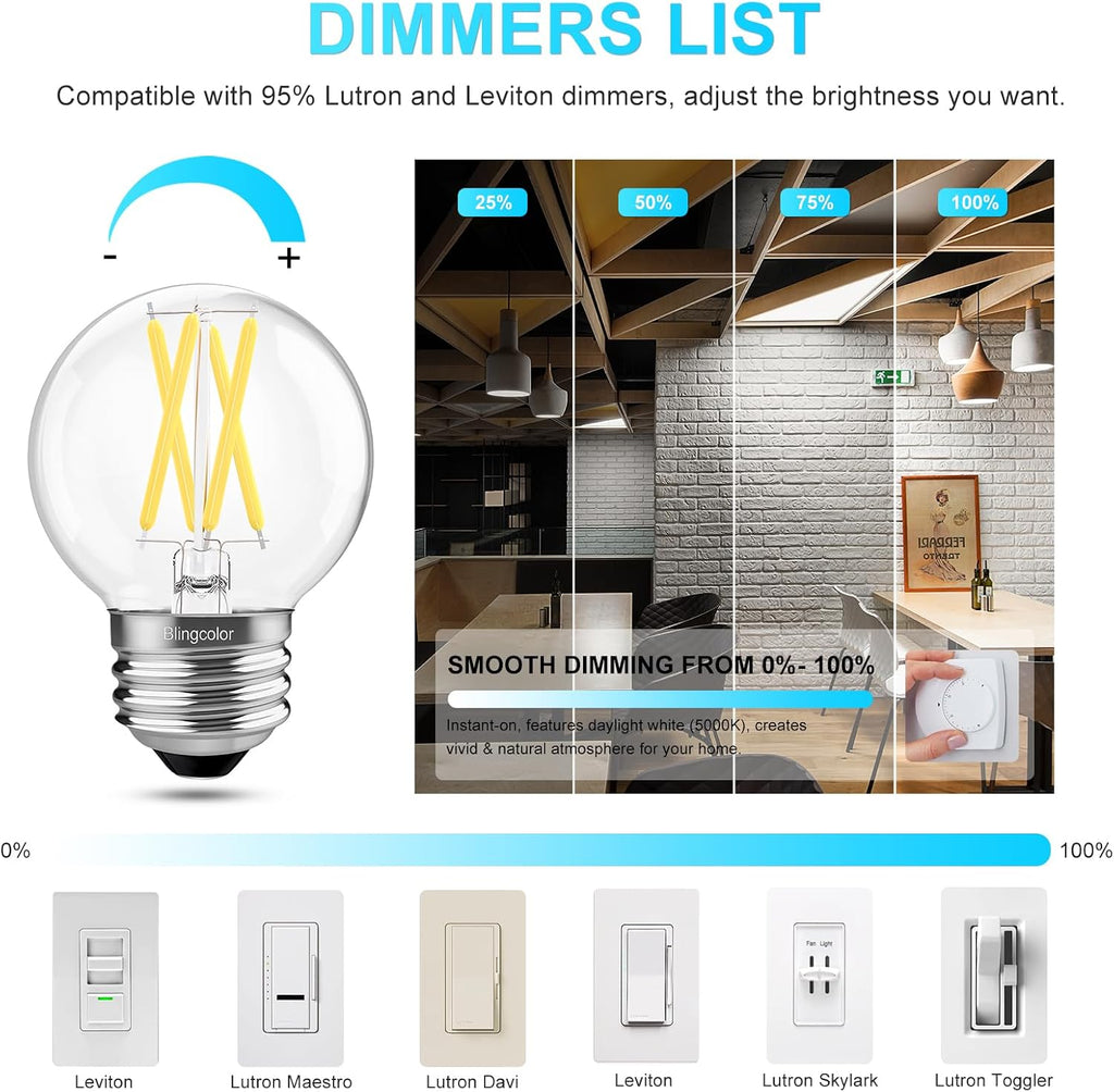 E26 Dimmable G16.5 LED Light Bulbs Daylight 5000K 60 Watt Equivalent