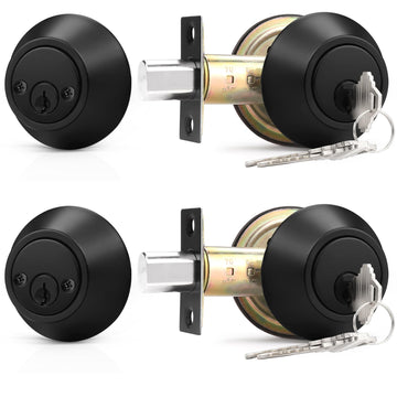 2 Pack Black Double Cylinder Deadbolt Lock, Round Keyed Both Side Door Lock, Keyed Alike